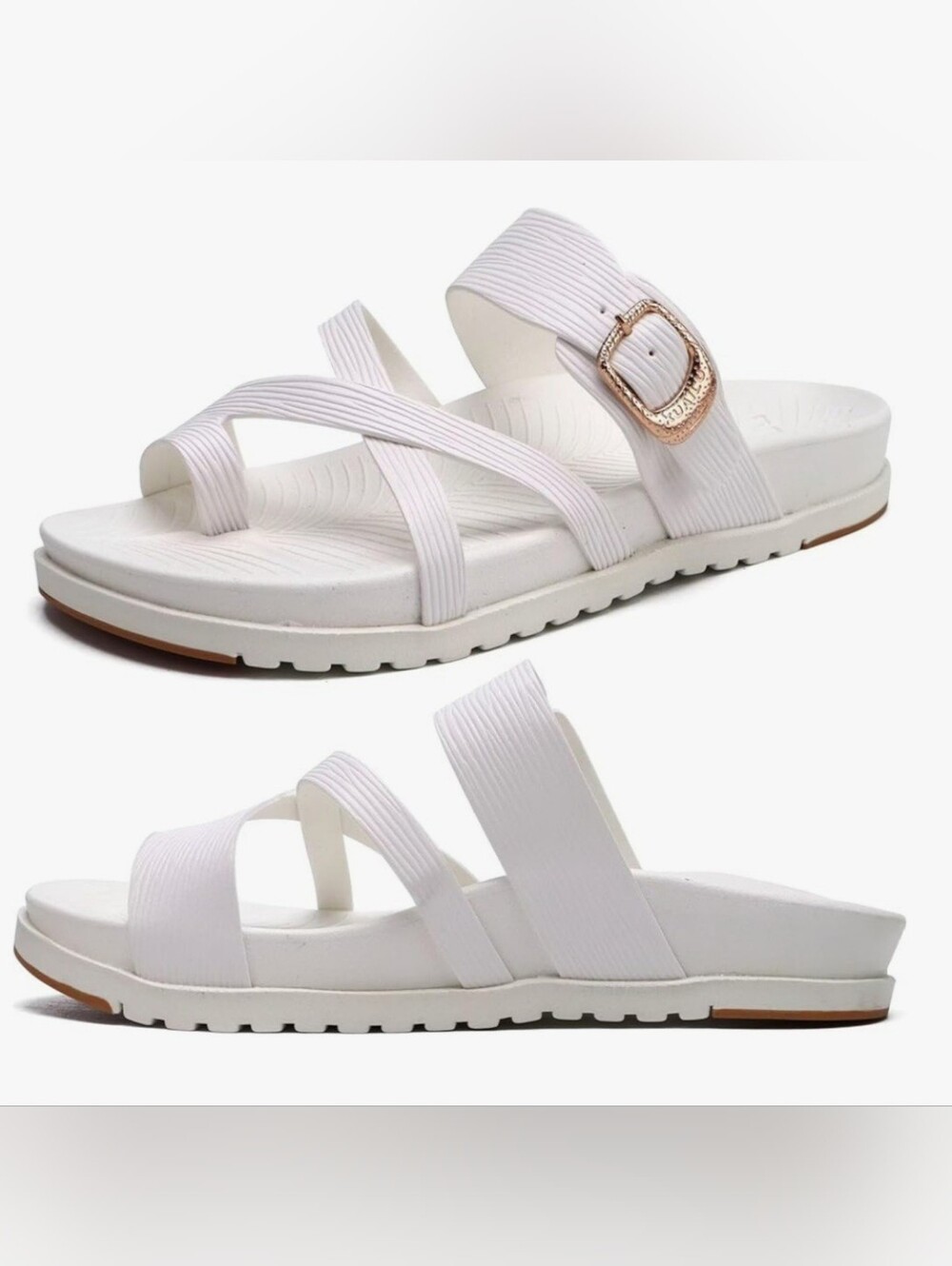 White Women's Casual Strappy Slide Sandals with Gold Buckle